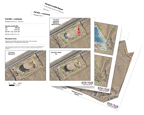 Example PDF report: summary metrics in cubic yards, maps, and change visualization for a landfill site
